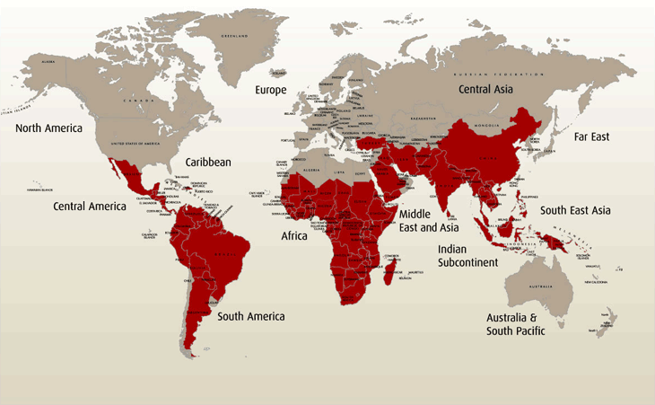 Map representing areas of the world, endemic with malaria. (http://www.theoslotimes.com/wp-content/uploads/2013/11/places-affected-by-malaria.gif)