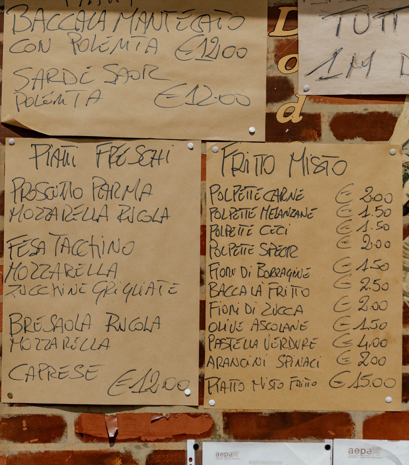 Cicchetti menu in Venice